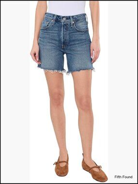 High Rise Jean Shorts with Button Fly, 5 Pockets, Cotton Blend